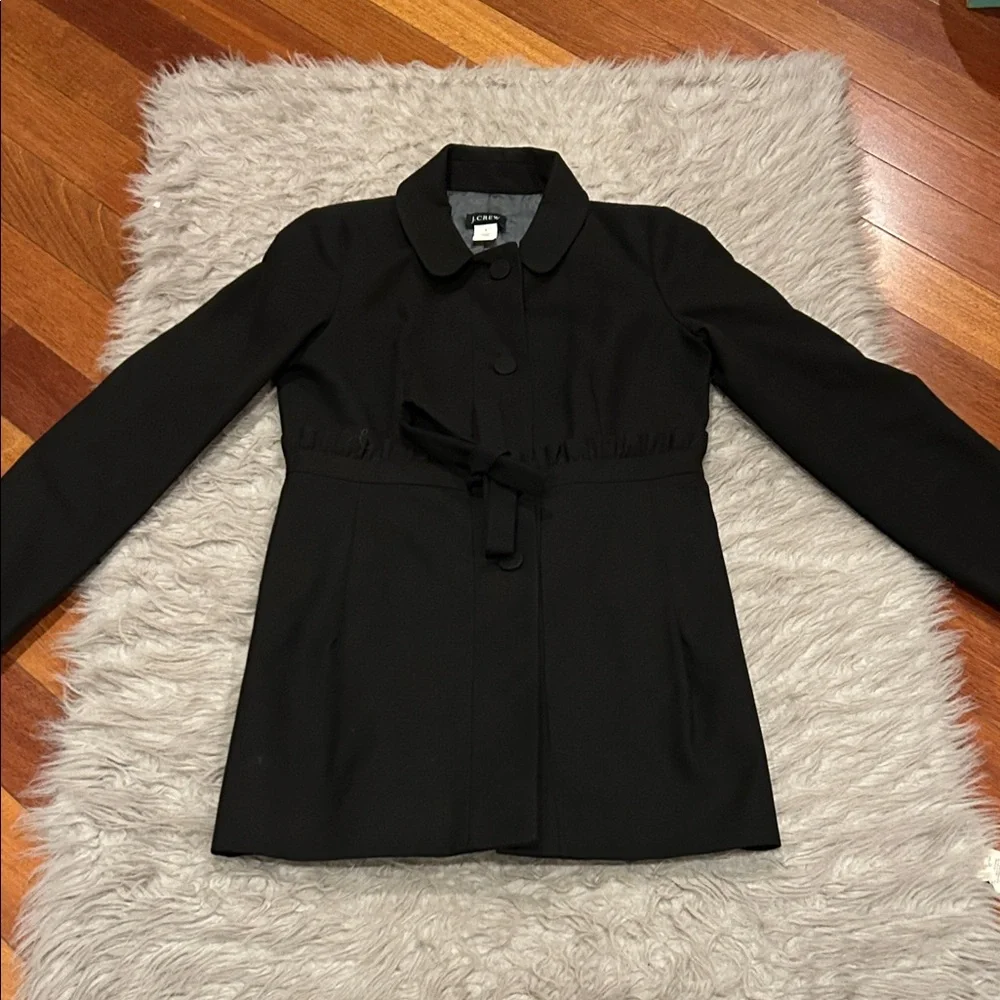 J. Crew Black Cotton Tie Ruffled Waist‎ Button Front Coat